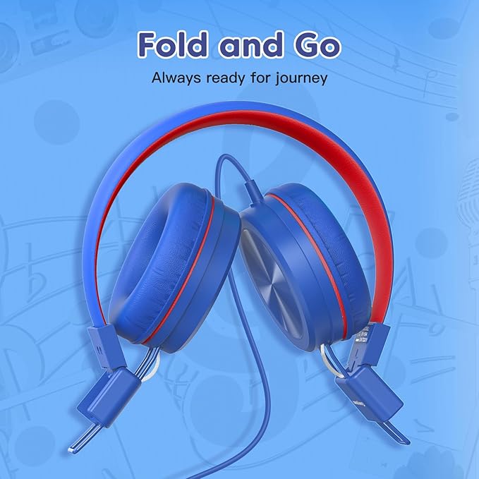 Kids Headphones, Toddler Headphones with Safe Volume Limiter 94dB, Wired School Headphones for Kid, 3.5mm Adjustable On-Ear Headphone for Boys/Girls/Children/Teens/iPad/Computer, Navy Red