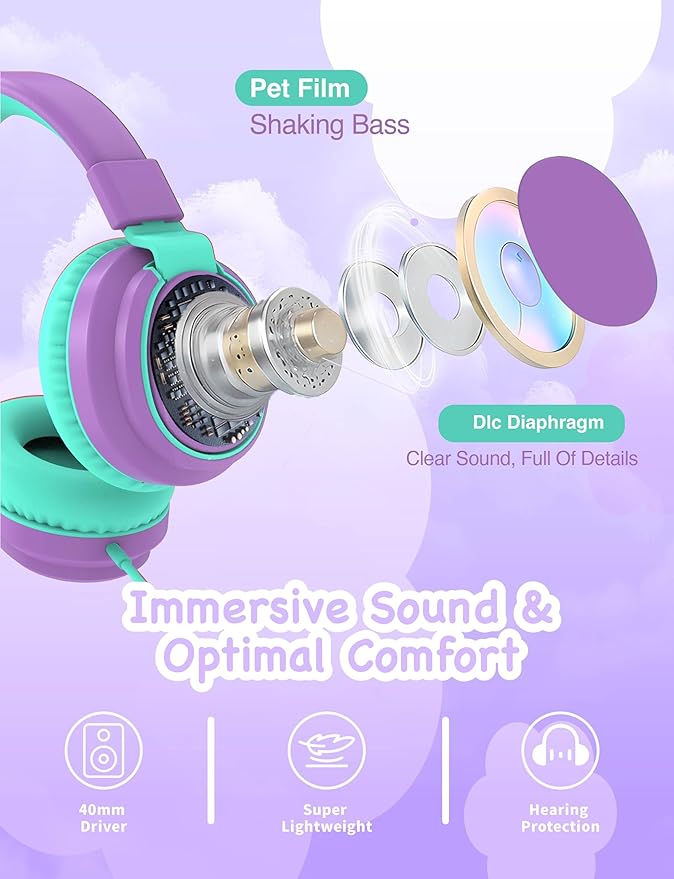 MIDOLA Kids Headphone Wired Volume Limited 85/94dB Over-Ear/On-Ear Foldable Headset with Microphone Hearing Protection Headphones for Toddler Boy Girl Child School Learning Pad Tablet Purple