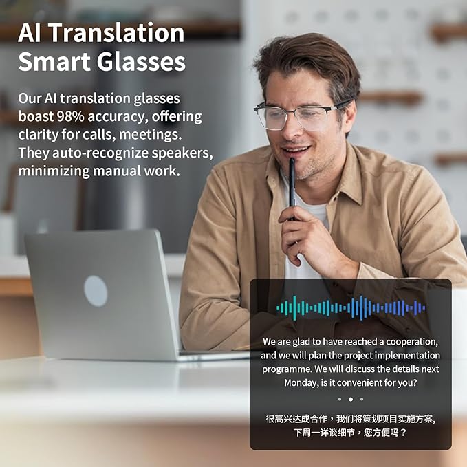AI Smart Glasses with ChatGPT, Bluetooth Glasses for Women & Men, Photochromic Lenses, Real-Time Translation in 160+ Languages via APP, AI Glasses with Speakers for Indoor Outdoor (Silver)