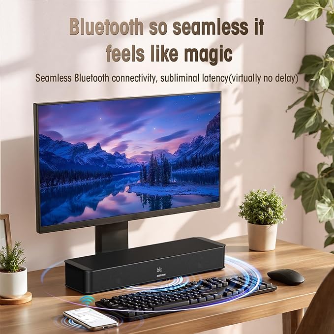 BESTISAN 2.1CH Sound Bar for TV, 16.5” Compact with Built-in Subwoofer, ARC/Opt/AUX/USB Input, Volume Boost, Bluetooth 5.3, Peak 100W, 3 EQ Modes, All-in-one Soundbar for PC/Gaming/Projectors