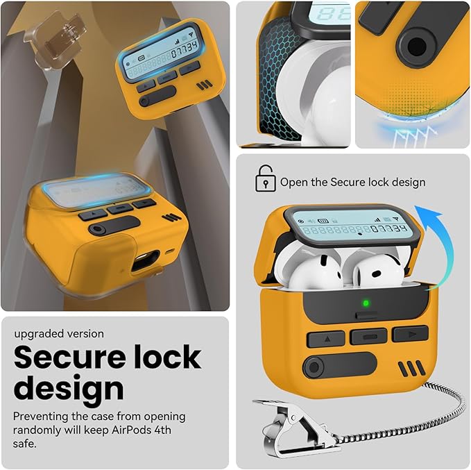 (with Safety Lock) Pager Cases for AirPods 4 Case Cover 2024 with Cleaner Kit,Sturdy Hard PC Protective for Apple AirPods 4th Generation Case for Men Women,AirPods 4 Accessories with Keychain-Yellow