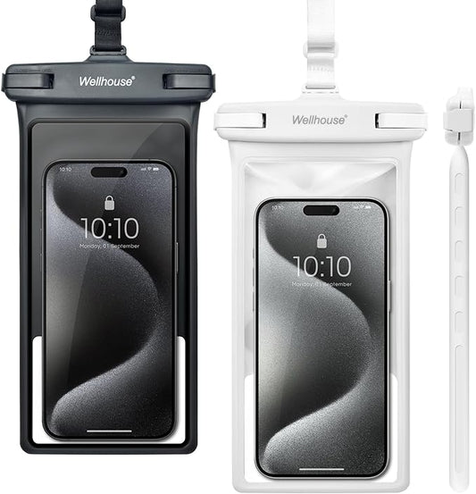 wellhouse Waterproof Phone Pouch, Waterproof Phone Case for iPhone 17 16 15 14 13 Pro Max XS Samsung, IPX8 3D Cellphone Dry Bag Beach Essentials (2 Pack - Black & White8.0, 8 inch)