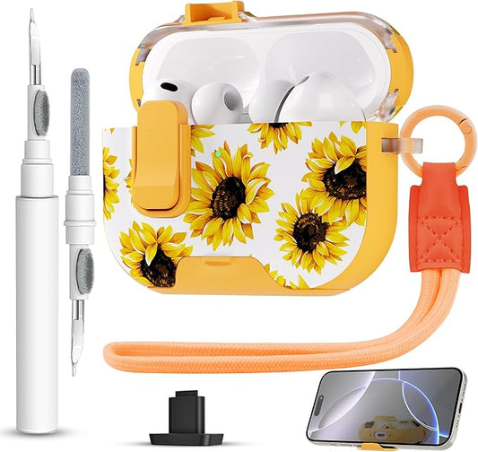 for AirPods Pro 3 Case(2025) with Secure Lock Clip and Phone Stand,Floral Girly Style Protective Cover with Cleaning Kit and Hand Strap for Apple AirPod Pro 3 Generation (Yellow Sunflower)