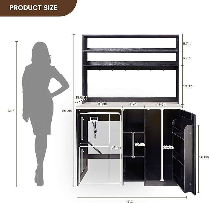 Mini Fridge Cabinet with Storage, Coffee Bar Cabinet with Mini Fridge Space and Power Outlet, Liquor Wine Bar Cabinet with Microwave Shelf, Beverage Station for Kitchen, Dorm, Living Room