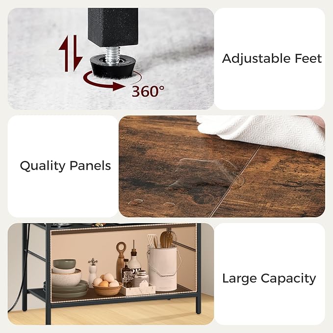 Bakers Rack with Power Outlet, Microwave Stand with Paper Holder, Bakers Rack with Storage, Coffee Bar Station with 6 Hooks, for Kitchen, Dining Room, Rustic Brown and Black BRHR361E01