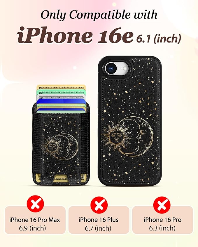 Shorogyt for iPhone 17e/16e Wallet Case - Fits 5 Cards, Compatible with Magsafe Detachable Magnetic Credit Card Holder Leather Cardholder Cute Phone Cover Women Girls for Apple 17e/16e, Sun Moon