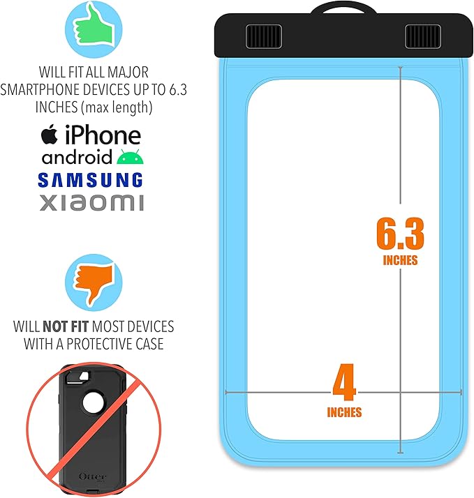 Cruise On Lanyards Waterproof Phone Pouch Dry Case w/Touch Screen for iPhone 15 14 13 12 11 Pro Max XS, Samsung S22+, Pixel 7, Fits Up to 6.5??Screen, Large Floating Holder (2-Pack) Blue
