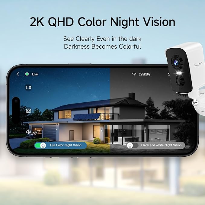 fanxiang 2K Wireless Security Camera Outdoor with Solar Panel & 64GB Card, Rechargeable Battery Camera Wireless WiFi, 300° Pan Rotating, PIR, Color Night Vision, AI Motion Detection, 2-Way Audio, IP65