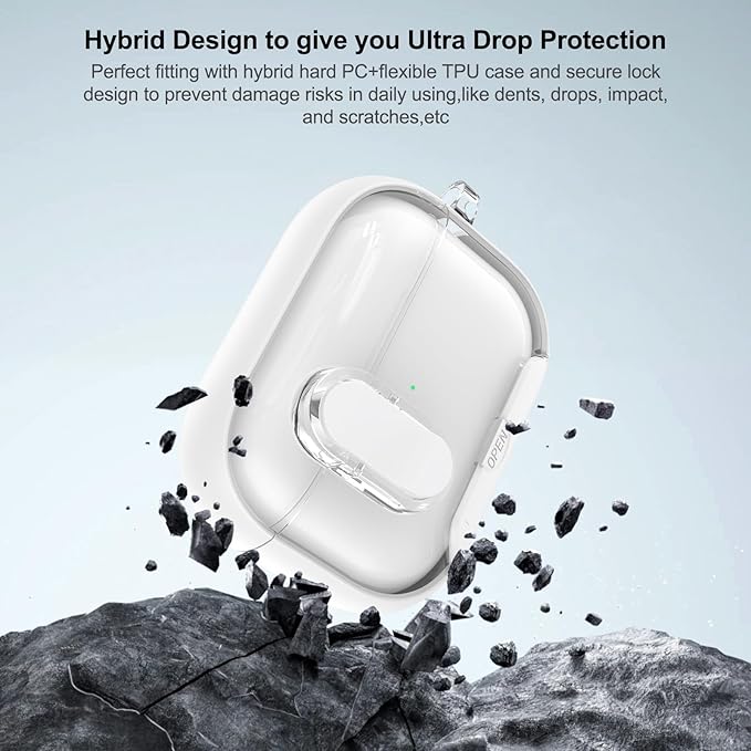 for Airpods Pro 3 Case Clear,Secure Lock for Airpods pro 3rd Generation Case Cover with Phone Stand and Magsafe Function,Auto Pop-up,Hybrid Protection Design with Carabiner&Cleaning Pen-White