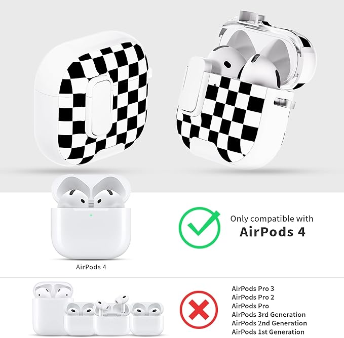 for AirPods 4 Case with Secure Lock Clip in Phone Stand,Floral Girly Style Protective Cover with Cleaning Kit and Hand Strap for Apple AirPod 4 Generation (Black White Squares)