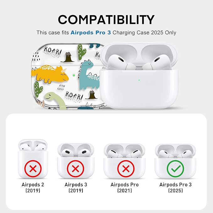 Maxjoy for AirPods Pro 3rd Generation Case, Clear AirPods Pro 3 Case for Women Girly Cute Soft AirPod Pro 3 Cover with Keychain Strap for AirPod Pro 3rd Gen Cover 2025, Dinosaur