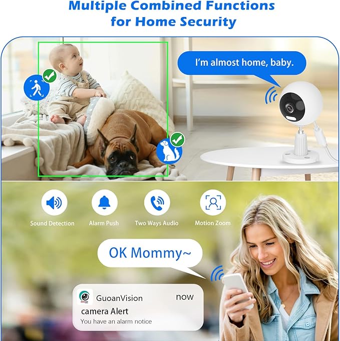 5G Security Camera Indoor/Outdoor, Baby Monitors Camera, Nanny/Pet/Dog Cameras with Phone App,IP66 Waterproof, Color Night Vision, White Light, Bell Siren, 24/7 SD Recordings -1 Pack
