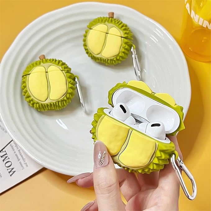 Case Compatible with Airpods 3, Cute Summer Fresh Durian Design Keychain Case Cover, Portable Earbuds Accessories Soft Silicone Shockproof Wireless Earphone Protector with Hook