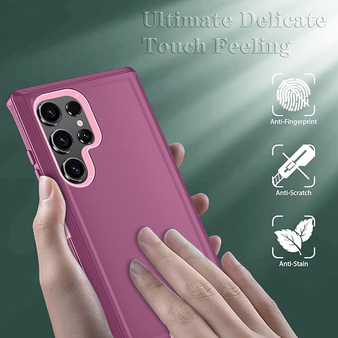 ONOLA Compatible with Samsung Galaxy S24 Ultra Case with HD Screen Protector, Heavy Duty Shockproof & Dropproof 3-Layer Cover Phone Case,WineRedPink