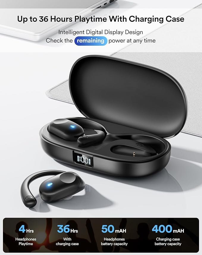 Open Ear Headphones Wireless Bluetooth - 5.3 Bluetooth Earbuds with LED Digital Display, IP54 Waterproof, 36H Playtime, Lightweight Comfort Wireless Earbuds Fit Sports, Running, Cycling