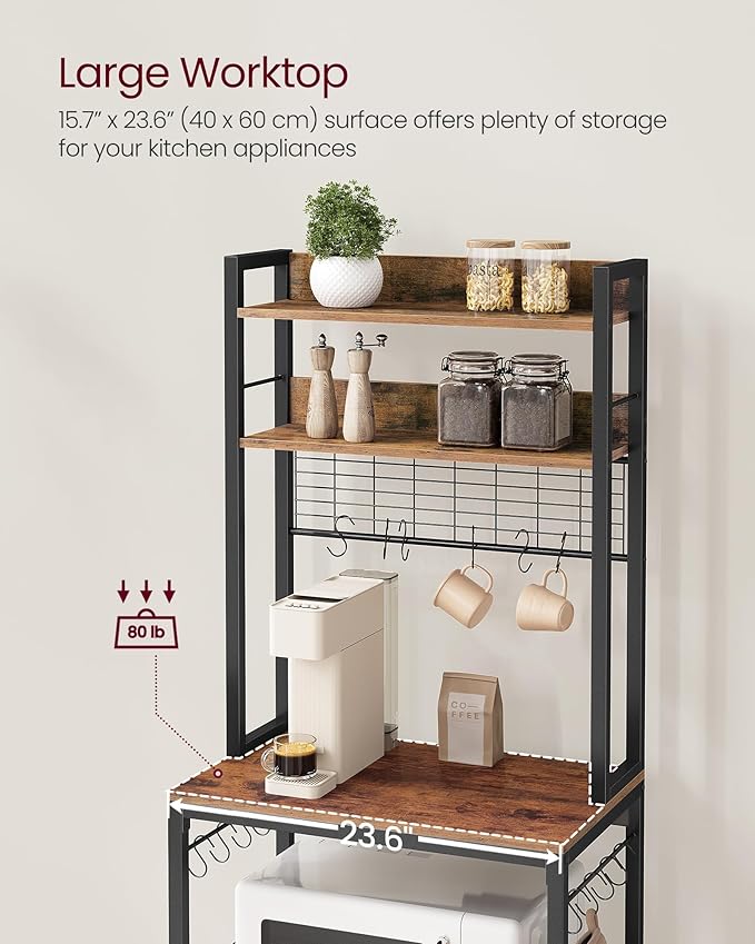 VASAGLE Bakers Rack with Power Outlet, Microwave Stand, Kitchen Tall Utility Storage Shelf, with Metal Wire Panel, 14 Hooks, 15.7 x 23.6 x 66.9 Inches, Rustic Brown and Ink Black UKKS037B01