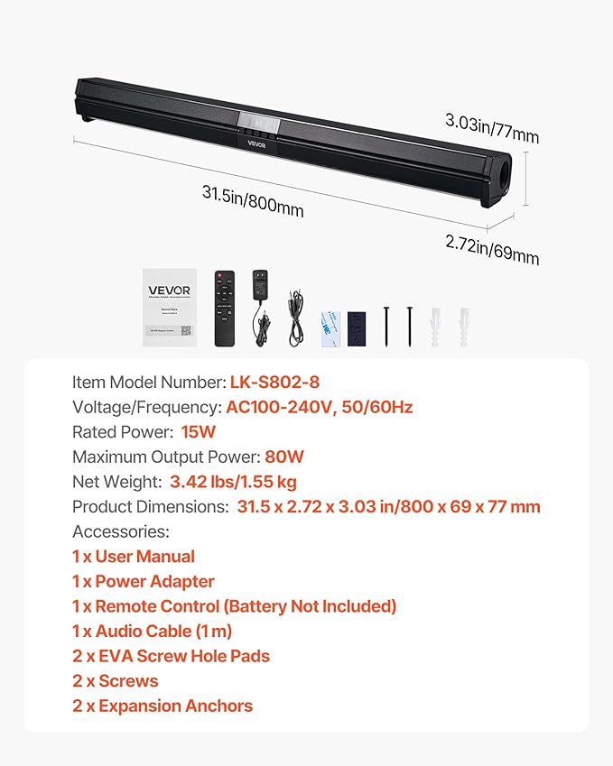 VEVOR Sound Bar for Smart TV, 2.0 Channel, 32-Inch Compact Soundbar TV Speakers for Projector, Bluetooth AUX Connection, Remote Control, Easy Setup, 80W Surround Sound System for PC Home Theater Audio