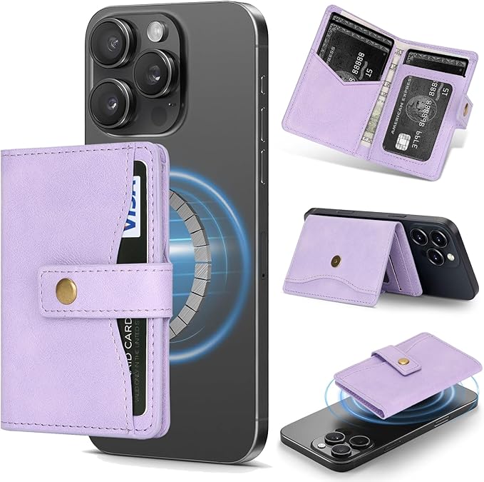 Ultra-Thin Magnetic Wallet Card Holder for iPhone and All MagSafe Protective Cases，Premium PU leather, powerful magnetic closure, stand function, 6 card slots (Purple)