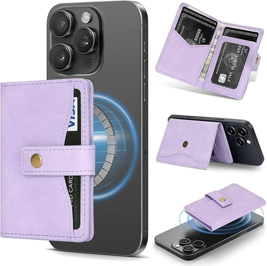 Ultra-Thin Magnetic Wallet Card Holder for iPhone and All MagSafe Protective Cases，Premium PU leather, powerful magnetic closure, stand function, 6 card slots (Purple)