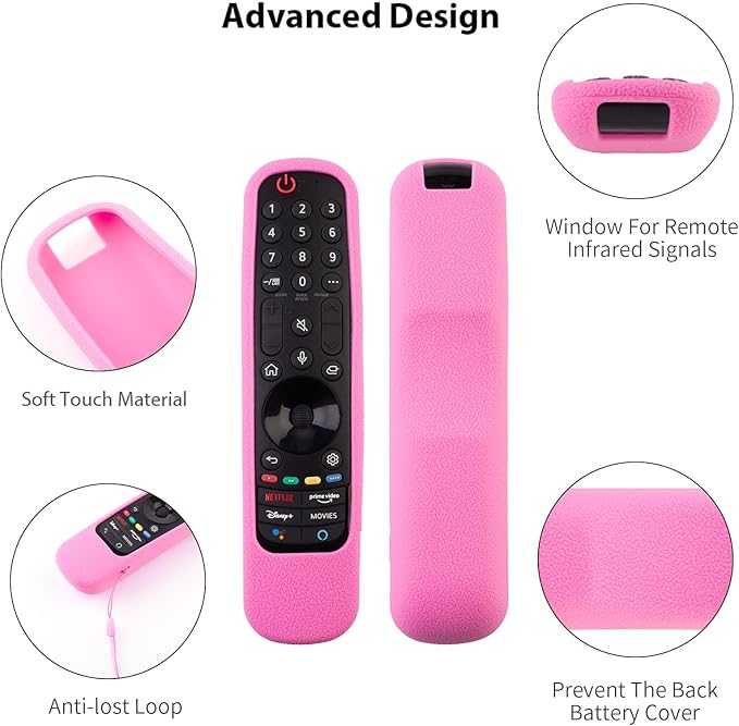 2 Pack Remote Cover for LG Magic, Silicone Protective Case for LG Smart TV Remote Controller LG MR21/ 22/23 Shockproof Anti-Slip Remote Case Remote Sleeve with Anti-Lost Loop (Black + Pink not Glow)