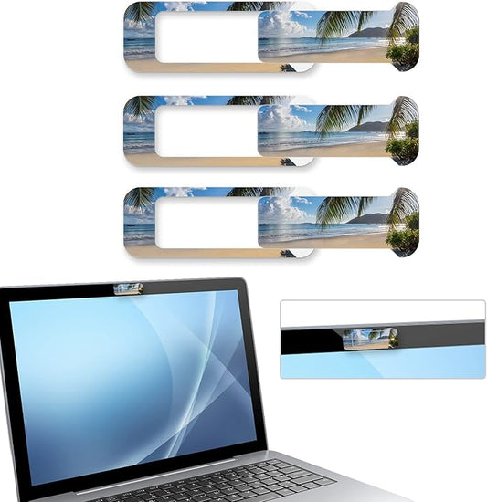 Webcam Cover, 3 Pieces, Laptop Camera Cover, Privacy Shielding Capacity is Twice as Big as The Traditional, Suitable for Computer Mobile Phones, laptops, Tablets and so on (Beach by The sea)