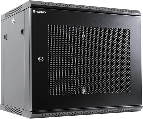 RackPath 9U Wall Mount Server Cabinet Network Rack Enclosure, Quiet Cooling Fan, Perforated Door, Black