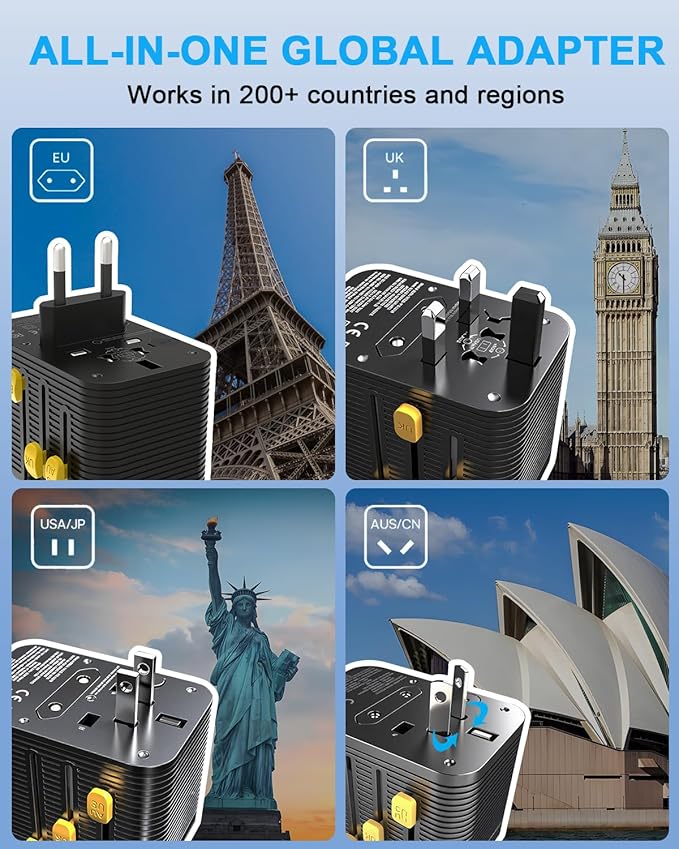 Universal Travel Adapter, PD 20W MAX International Power Adapter with 2 USB-C & 2 USB-A Ports, All-in-One Portable Travel Adapter, Worldwide Wall Charger for USA, UK, EU, AU, Travel Essentials (Black)