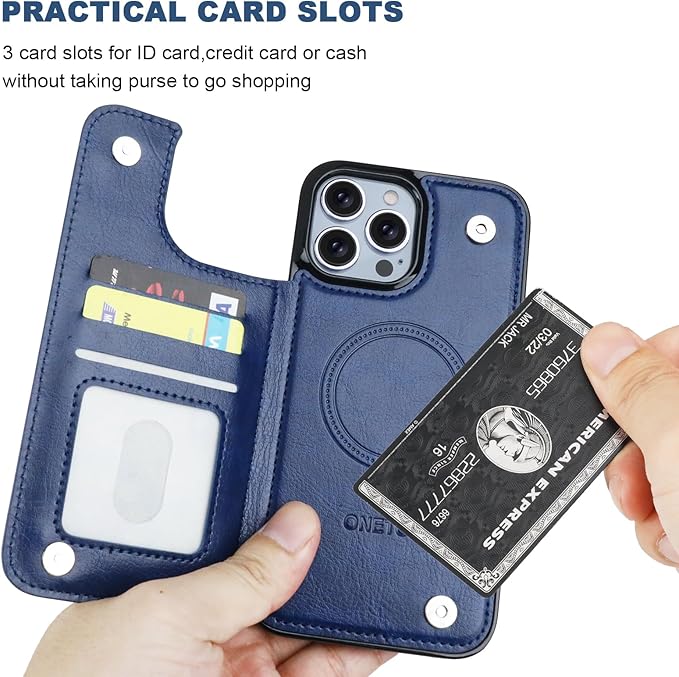 ONETOP Compatible with Magsafe for iPhone 13 Pro Max Wallet Case with Card Holder, PU Leather Kickstand RFID Blocking Case, Double Magnetic Clasp and Durable Shockproof Cover 6.7 Inch (Blue)