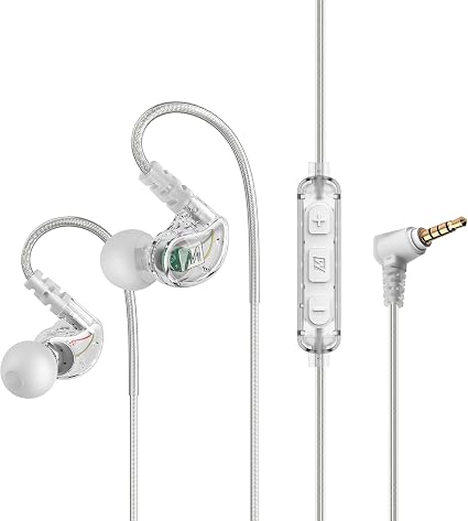 MEE Audio M6 Sport Wired Earbuds, in Ear Headphones, 3-Button Remote, Sweatproof Earphones for Running/Gym/Workouts with Memory Wire Earhooks, Headset Microphone, 3.5mm Jack Plug (Clear)