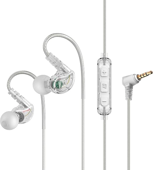 MEE Audio M6 Sport Wired Earbuds, in Ear Headphones, 3-Button Remote, Sweatproof Earphones for Running/Gym/Workouts with Memory Wire Earhooks, Headset Microphone, 3.5mm Jack Plug (Clear)