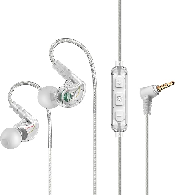 MEE Audio M6 Sport Wired Earbuds, in Ear Headphones, 3-Button Remote, Sweatproof Earphones for Running/Gym/Workouts with Memory Wire Earhooks, Headset Microphone, 3.5mm Jack Plug (Clear)