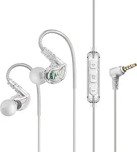 MEE Audio M6 Sport Wired Earbuds, in Ear Headphones, 3-Button Remote, Sweatproof Earphones for Running/Gym/Workouts with Memory Wire Earhooks, Headset Microphone, 3.5mm Jack Plug (Clear)