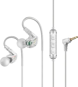 MEE Audio M6 Sport Wired Earbuds, in Ear Headphones, 3-Button Remote, Sweatproof Earphones for Running/Gym/Workouts with Memory Wire Earhooks, Headset Microphone, 3.5mm Jack Plug (Clear)
