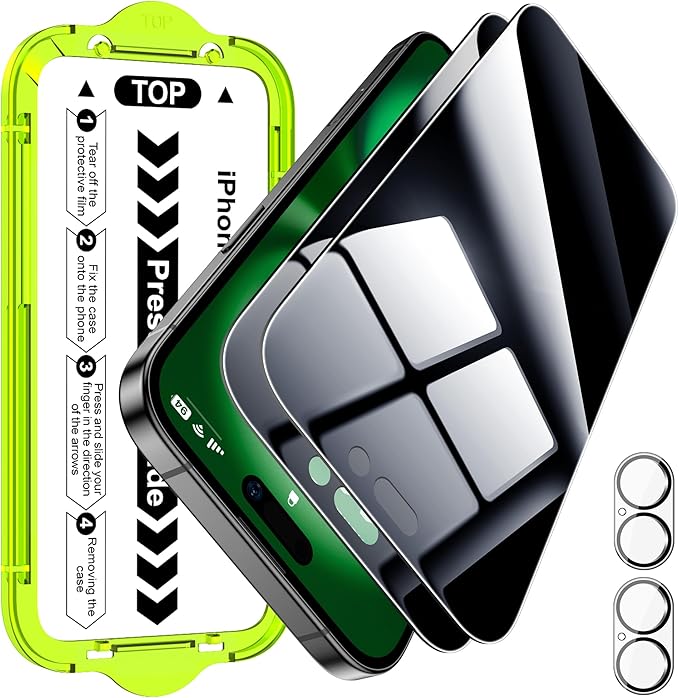 Esanik [2+2 Pack for iPhone 16 Plus Privacy Screen Protector – Anti-Spy Tempered Glass & Camera Lens Cover, Military-Grade 9H Hardness, Anti-Scratch, Flawless Fit Tray