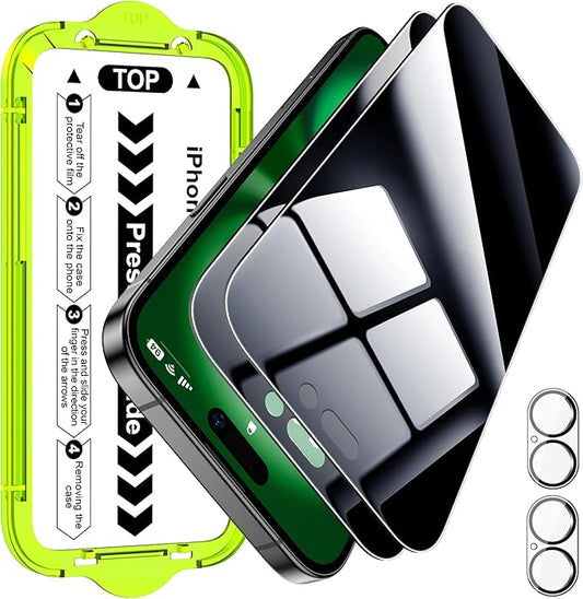 Esanik [2+2 Pack for iPhone 16 Plus Privacy Screen Protector – Anti-Spy Tempered Glass & Camera Lens Cover, Military-Grade 9H Hardness, Anti-Scratch, Flawless Fit Tray