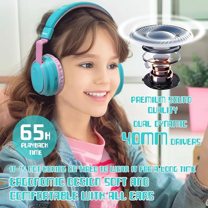 Kids Headphones Bluetooth 5.3 Wireless Lightweight Fast Charging 68 Hours Play Time Volume Limited 85/94dB Over Ear Foldable with Built-in Mic for Toddler Boy Girl Tablet Pad Cyan