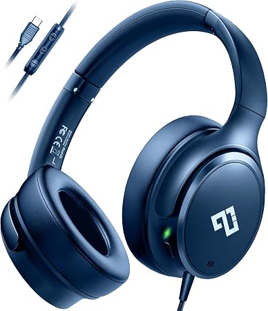 Active Noise Cancelling Headphones USB C Headphones Wired Over Ear-Blue