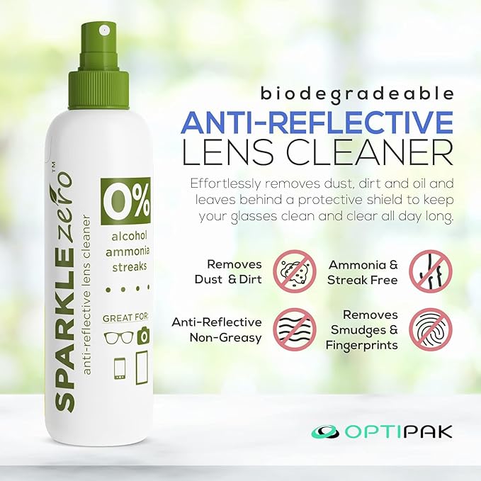 Sparkle Anti-Reflective Eco Friendly Lens Cleaner Spray Kit |(2x) 4oz + (2x) 1oz Glasses Cleaner Bottle + (4x) Microfiber Cloth for Eyeglasses, Lenses, Screens and Sunglasses Cleaning Kit(8 Piece Set)