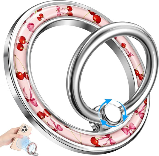 Magnetic Phone Ring Holder Compatible with MagSafe - Cell Phone Grip Magnet Removable Finger Ring Grip Stand Cute Girly Kawaii Design for iPhone 17 Pro Max 16 15 14 13 12 Series Bow Cherry