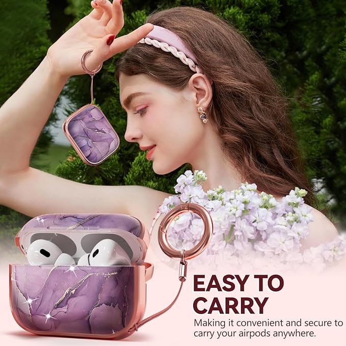 Inesore for AirPods Pro 2nd Generation Case Cover with Lock, Flowers Cute Air Pods Pro 2 Case Hard iPod Pro Cases for Women Girls with Cleaner Kit (2023 USB-C /2022/2019) -Purple Gold Marble