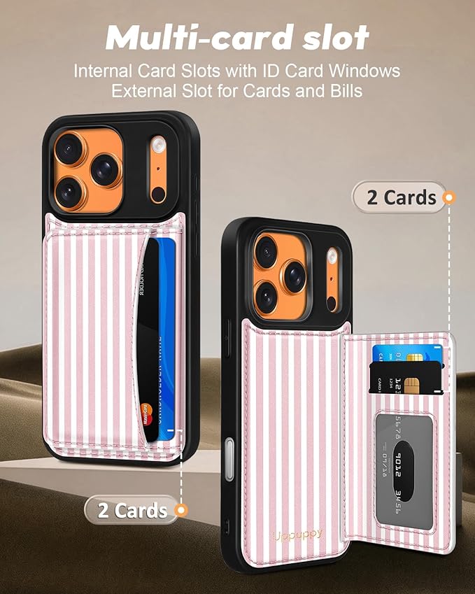 for iPhone 17 Pro Case with Wallet - Fits 4 Card Slots, Compatible with MagSafe for Women Aesthetic Durable PU Leather Credit Card Holder Kickstand Phone Cover for Apple 17 Pro, Stripes