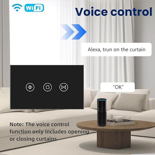 Smart Curtain Switch Neutral Wire Required, 2.4GHz WiFi Dimmer Light Switch with Remote Voice Control, Tempered Glass Panel, Compatible with Alexa and Google Home, Black WiFi Curtain