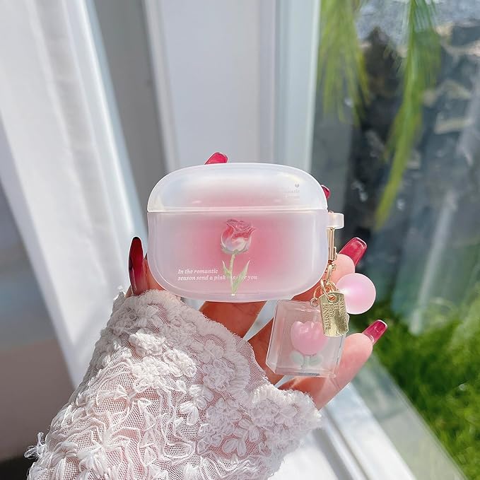 Compatible with Airpod Pro 2 / Airpod Pro Case Cute Aesthetic Romantic Rose Flower with Keychain Clear Frosted Protective Cover for Girls Women (Rose Pink)