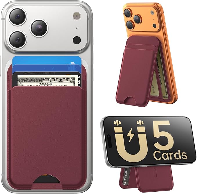for MagSafe Wallet with Stand, 5 Card Holder, Slim Leather Magnetic Wallet for iPhone 17/16/15/14/13/12 Pro Max Plus Air Series, 3 Card Slots & 1 Cash Slot,WineRed