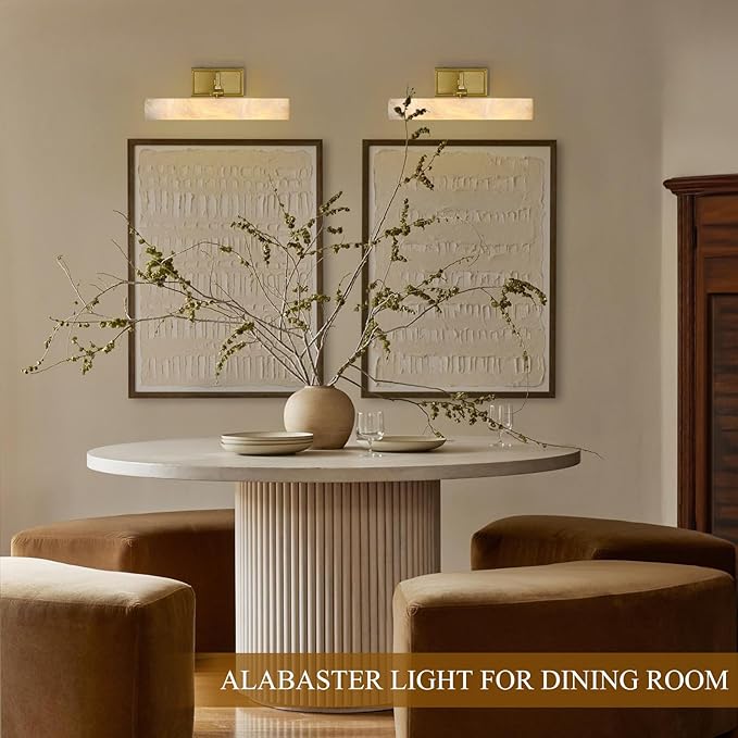 Alabaster Vanity Light, 12in Brass Bathroom Light Fixtures over Mirror, Modern Hardwired Picture Lights for Wall, Dimmable Marble Picture Frame Light for Bedroom, Living Room, Hallway, Artwork Display