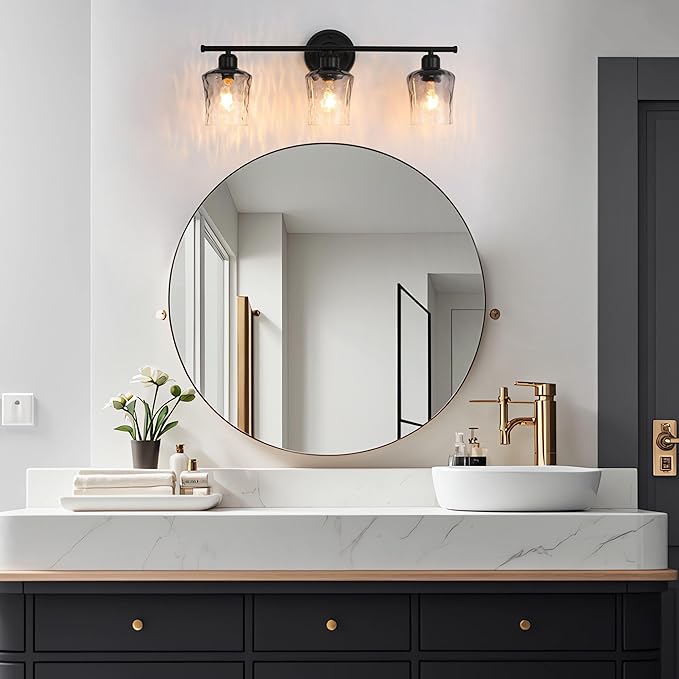3-Light Bathroom Light Fixtures, Matte Black Vanity Light with Grey Glass Shade, Modern E26 Bathroom Wall Light for Over Mirror, Kitchen, Hallway, Cabinet, Porch, Bedroom