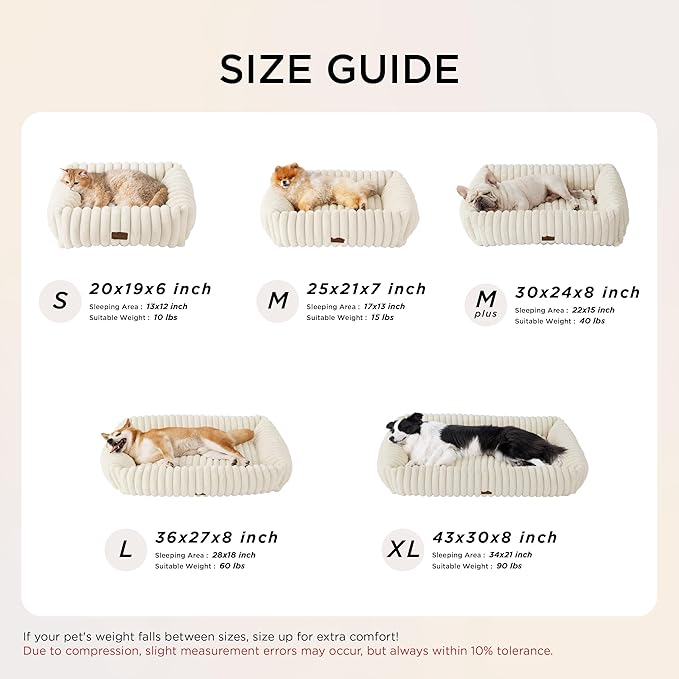Bedsure Cute Dog Bed for Small Medium Dogs - Washable Furry Puppy Beds, Rectangle Orthopedic Corduroy Fleece Pet Beds with Removable Zipper Cover, 25x21x7inches,Sandy Beige