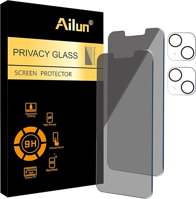 Ailun 2Pack Privacy Screen Protector for iPhone 13 Mini [5.4 inch] + 2 Pack Camera Lens Protector, Anti Spy Private Tempered Glass Film,[9H Hardness] - HD
