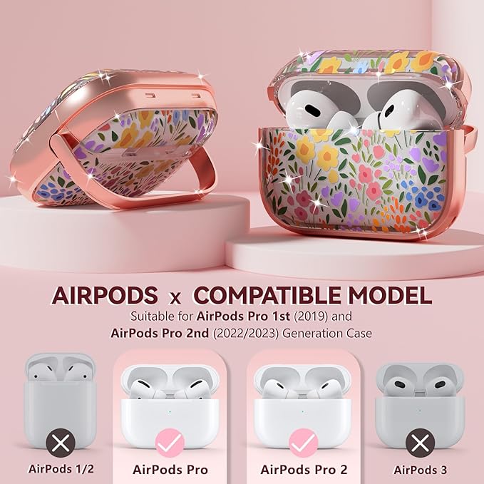 Inesore for AirPods Pro 2nd Generation Case Cover with Lock, Flowers Cute Clear Air Pods Pro 2 Case Hard iPod Pro Cases for Women Girls with Cleaner Kit (2023 USB-C /2022/2019) - Seven Color Flower