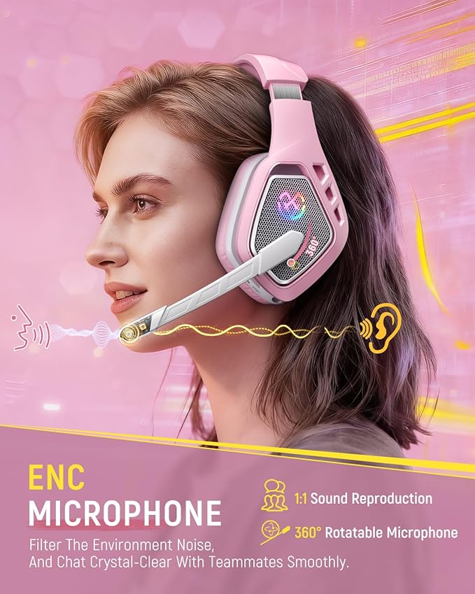 Tatybo Wireless Gaming Headset for PC, Ps5, Ps4, 2.4 Ghz USB & Type-C Gaming Headphones with Microphone, 30H Battery Bluetooth Headphones for Switch, Laptop, Mobile, Mac (Pink)